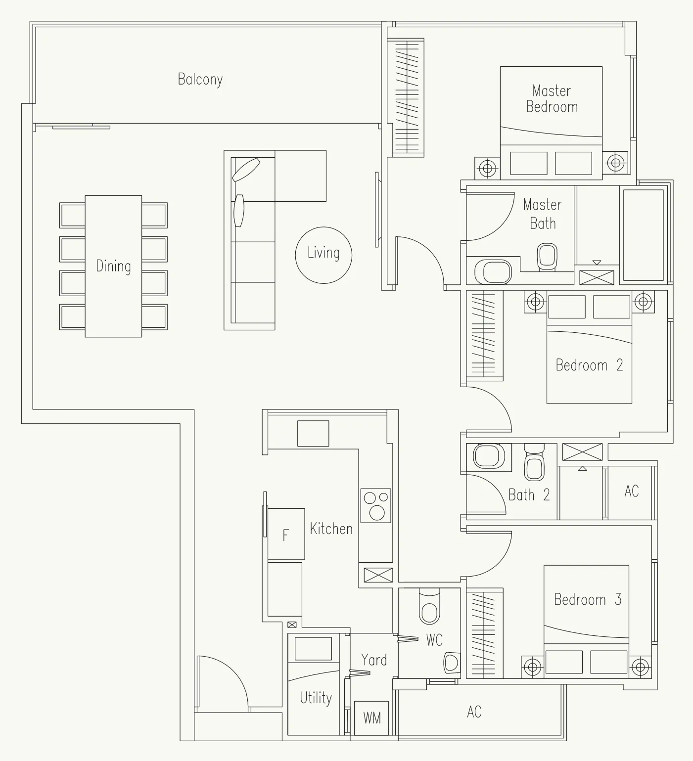 Waterscape at Cavenagh floor plan, type C2: 3-Bedroom + Utility, 1,313 sq ft