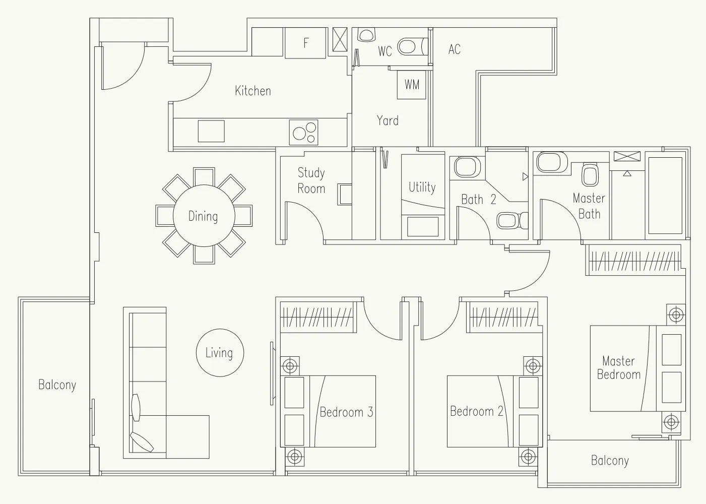 Waterscape at Cavenagh floor plan, type C4: 3-Bedroom + Study + Utility, 1,216 sq ft