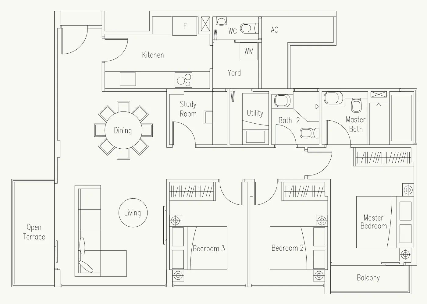 Waterscape at Cavenagh floor plan, type C4-1: 3-Bedroom + Study + Utility, 1,216 sq ft