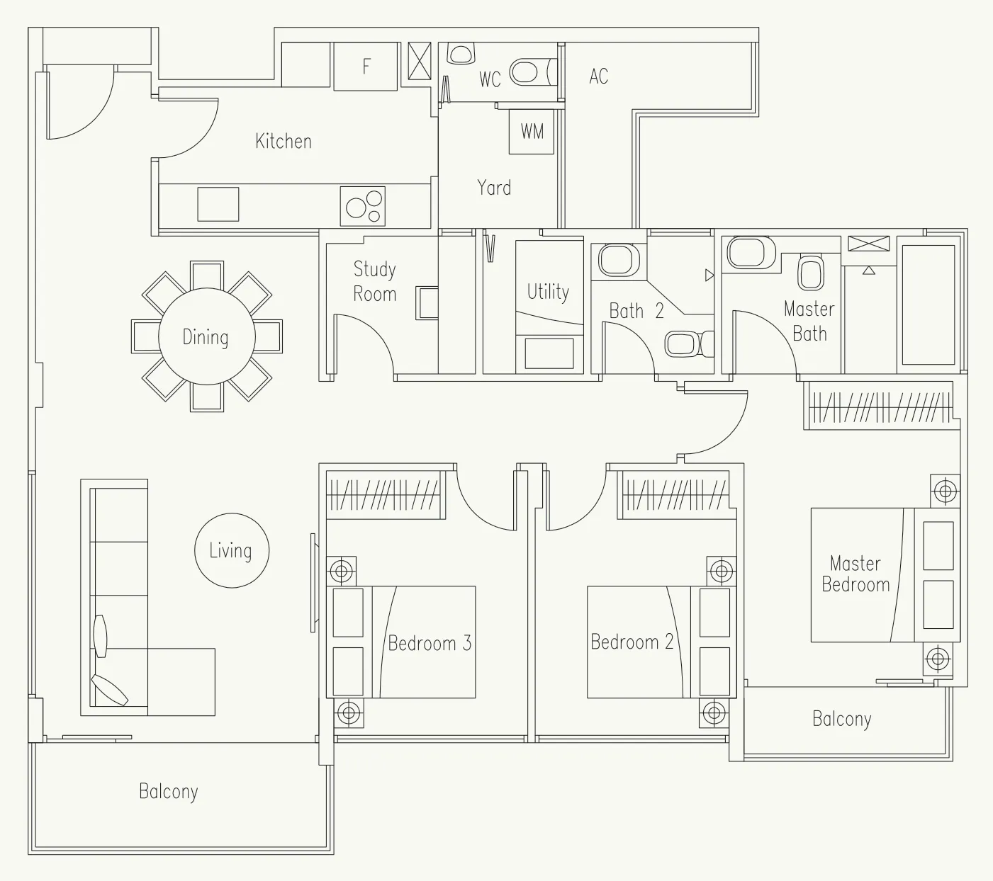 Waterscape at Cavenagh floor plan, type C4-2: 3-Bedroom + Study + Utility, 1,216 sq ft