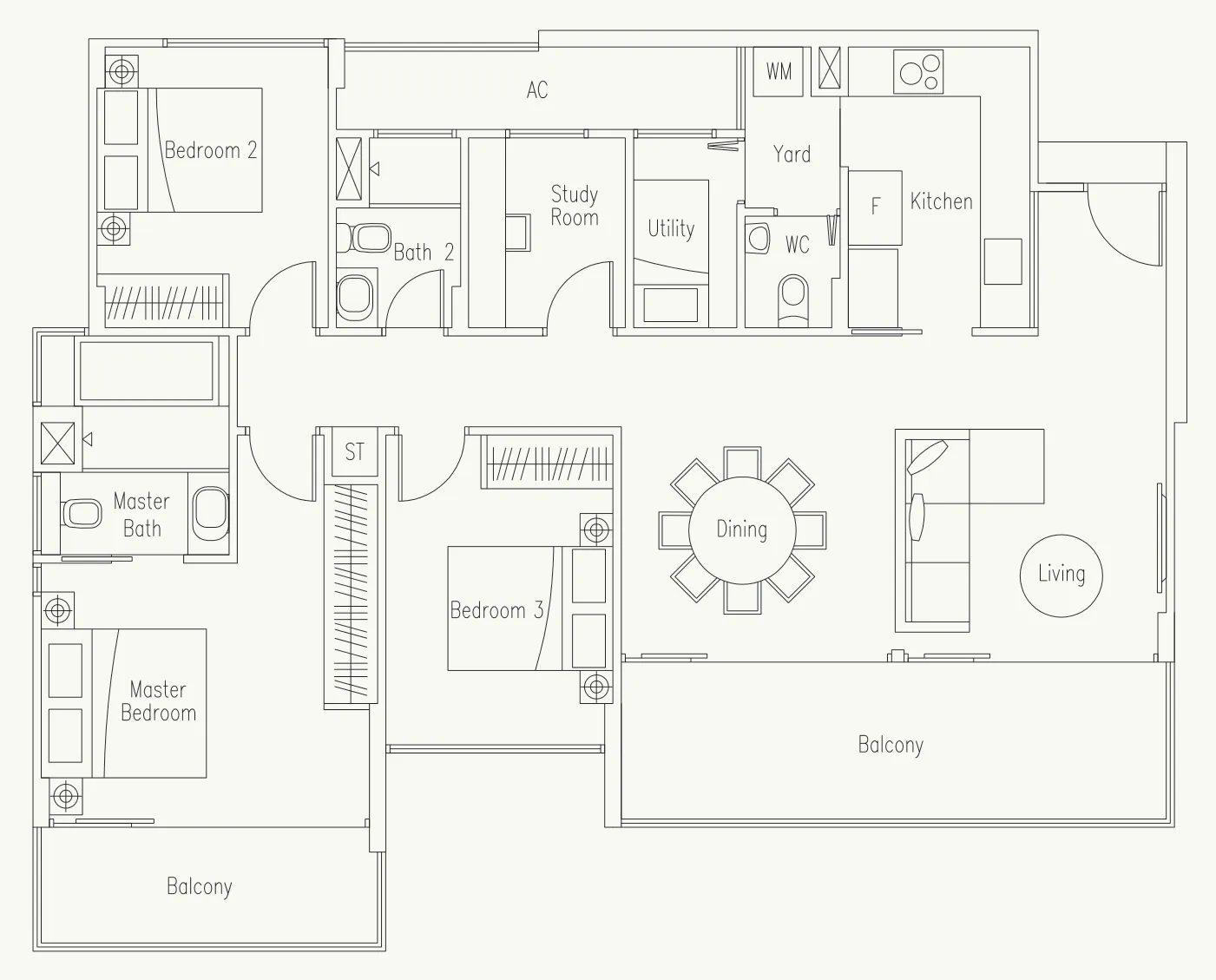 Waterscape at Cavenagh floor plan, type C5: 3-Bedroom + Study + Utility, 1,389 sq ft