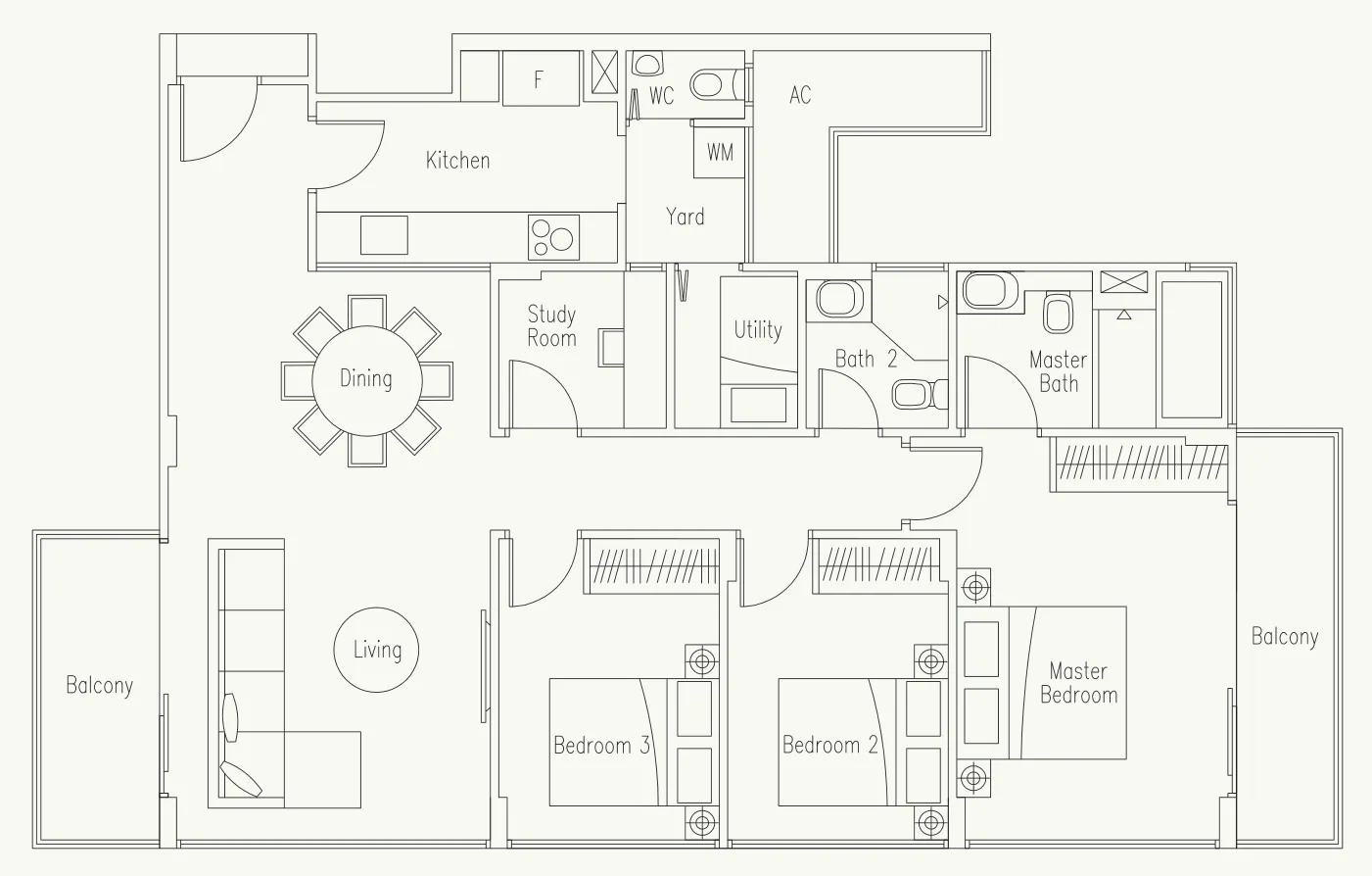 Waterscape at Cavenagh floor plan, type C6: 3-Bedroom + Study + Utility, 1,281 sq ft
