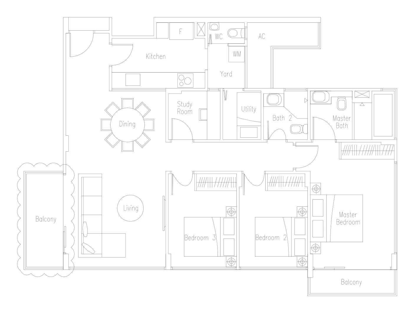 Waterscape at Cavenagh floor plan, type C6-1: 3-Bedroom + Study + Utility, 1,249 sq ft