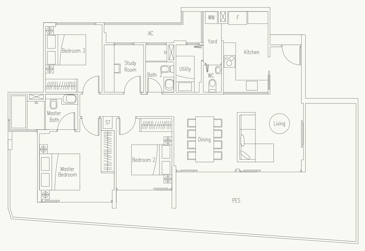 Waterscape at Cavenagh floor plan, type C7-G: 3-Bedroom + Study + Utility, 1,733 sq ft