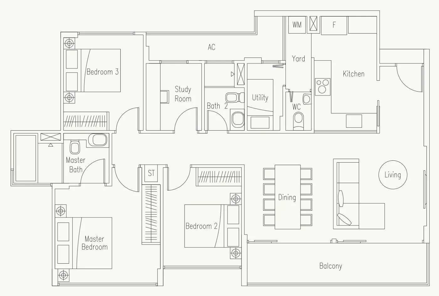 Waterscape at Cavenagh floor plan, type C7: 3-Bedroom + Study + Utility, 1,259 sq ft