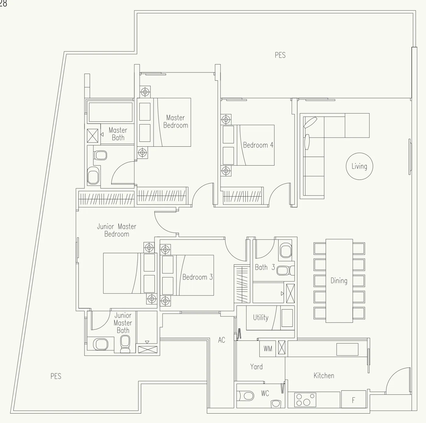 Waterscape at Cavenagh floor plan, type D-G: 4-Bedroom + Utility, 2,131 sq ft