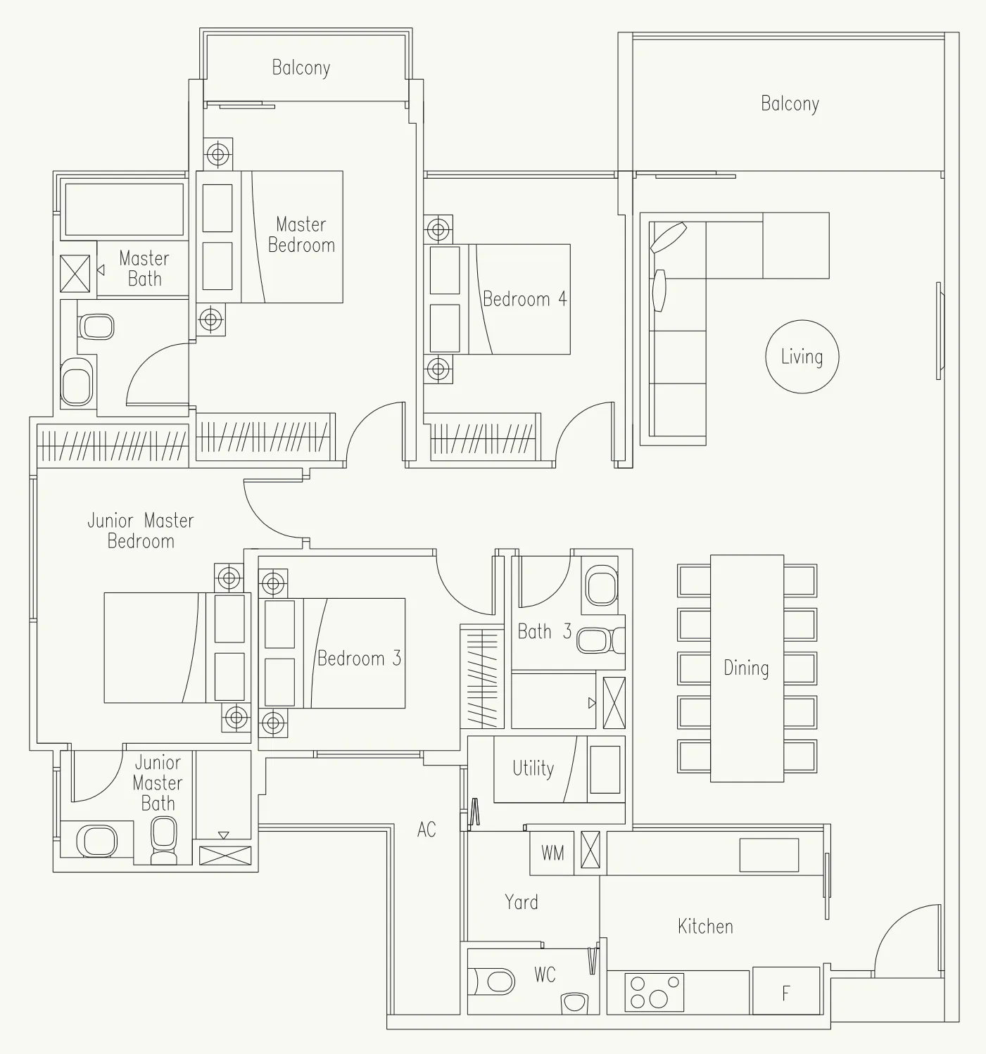 Waterscape at Cavenagh floor plan, type D: 4-Bedroom + Utility, 1,561 sq ft