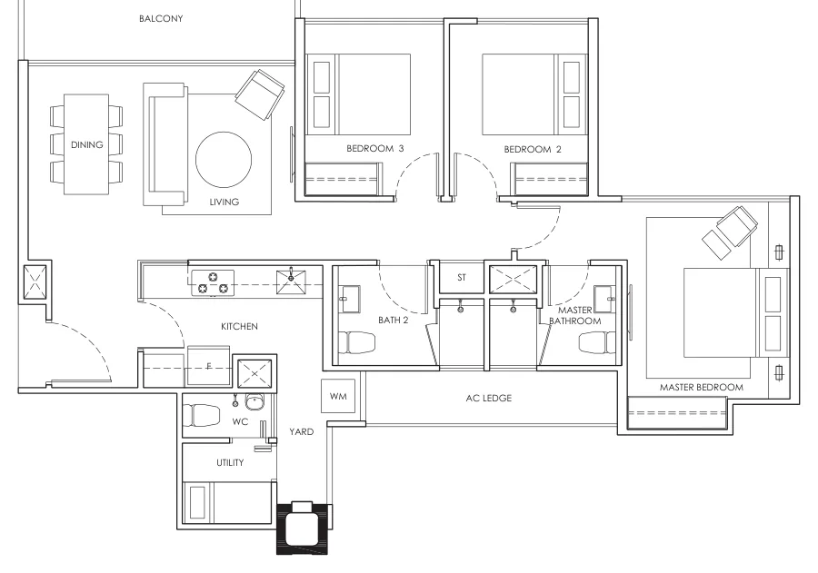 Waterwoods floor plan, type B2: 3-Bedroom, 1,033 sq ft