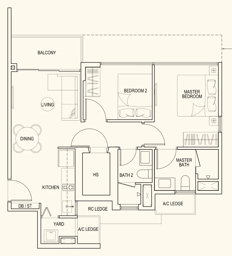 Westwood Residences floor plan, type B1: 2-Bedroom, 689 sq ft