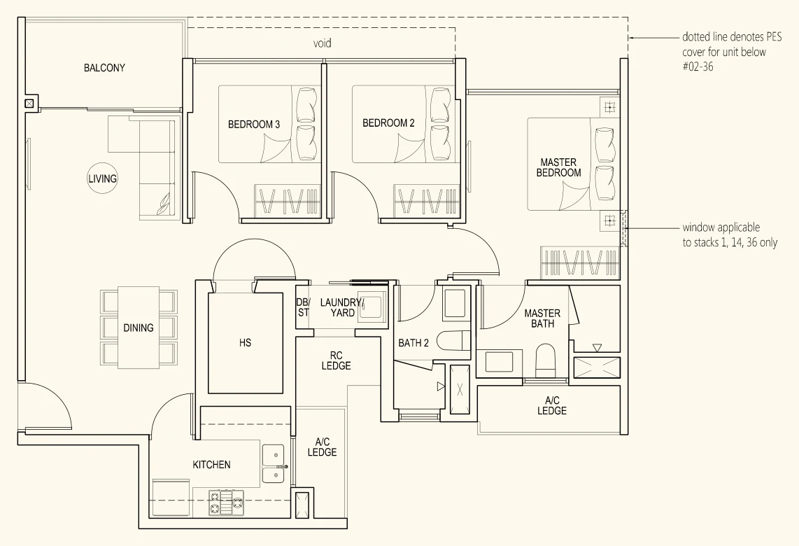 Westwood Residences floor plan, type C1: 3-Bedroom, 948 sq ft