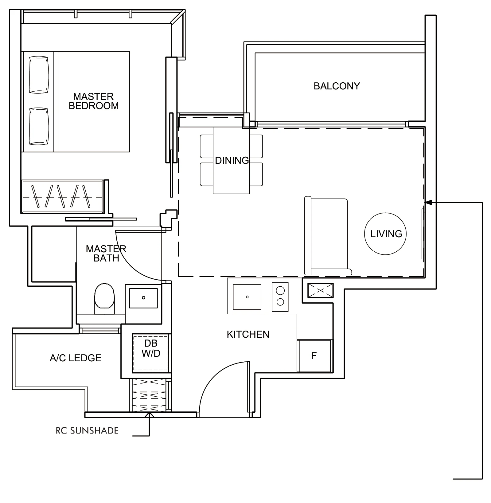 Wilshire Residences floor plan, type A: 1-Bedroom, 463 sq ft