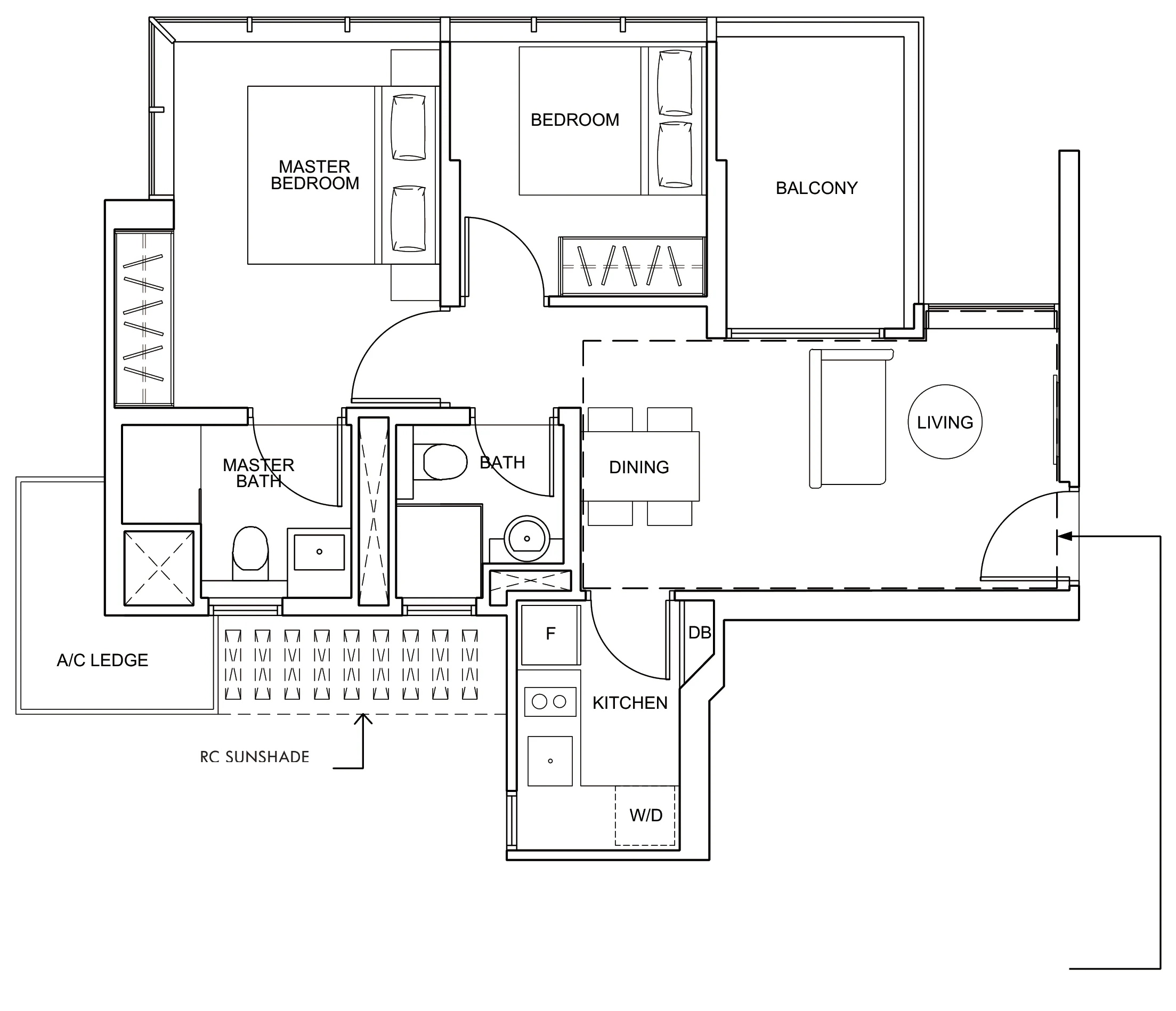 Wilshire Residences floor plan, type B: 2-Bedroom, 646 sq ft