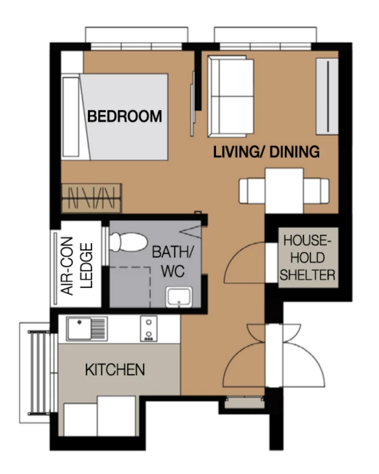 Woodlands Glade floor plan, type F1: 2-room Flexi (Type 1), 38 sqm, 409 sq ft