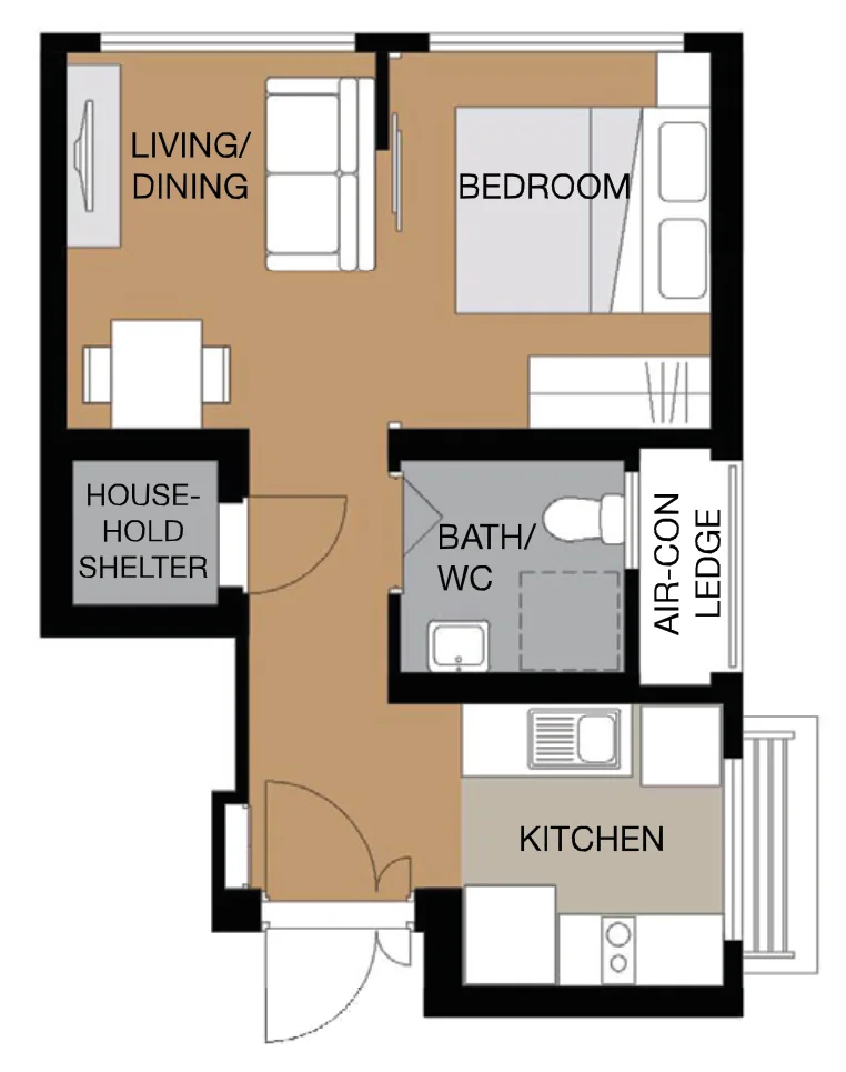 Yio Chu Kang Beacon floor plan, type F1: 2-room Flexi (Type 1), 38 sqm, 409 sq ft