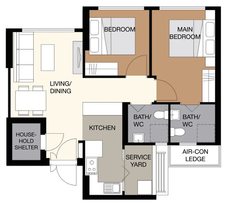 Yio Chu Kang Beacon floor plan, type 3R: 3-room, 69 sqm, 743 sq ft