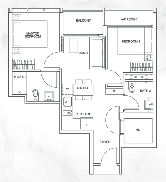 Zyanya floor plan, type B1: 2-Bedroom, 614 sq ft